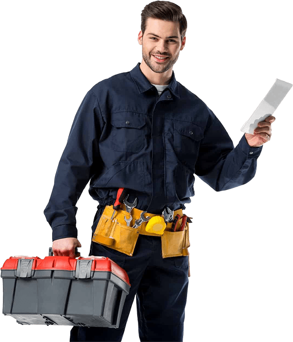 Smiling TT Tech plumber in uniform holding a tool box and digital tablet